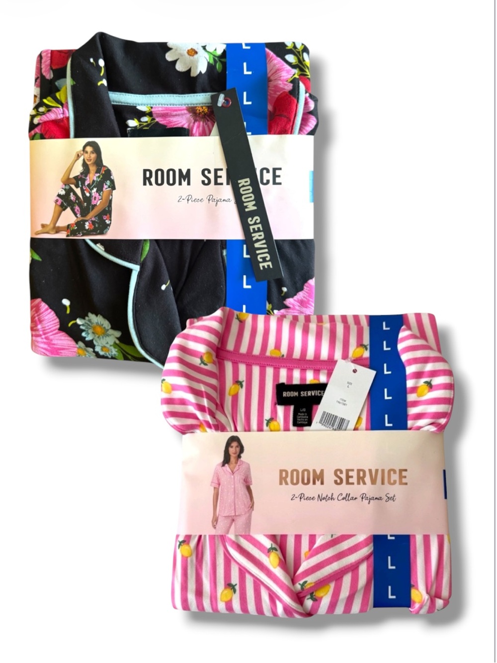 Room Service Womens 2 Sets 2-Piece Pajama Set - Pink Stripe Lemon & Black Floral
